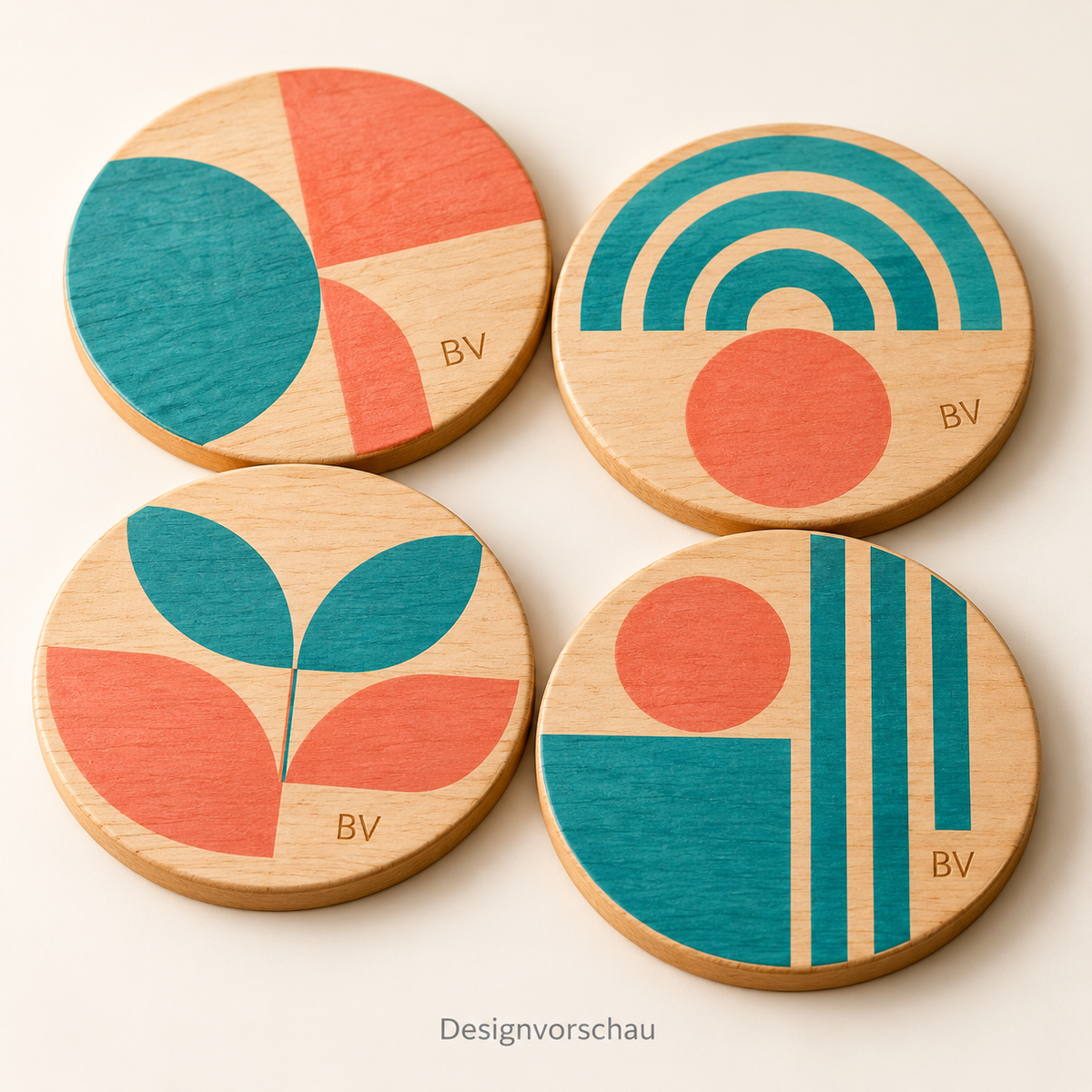 Designvorschau – Personalisierte Holzuntersetzer – 4er-Set