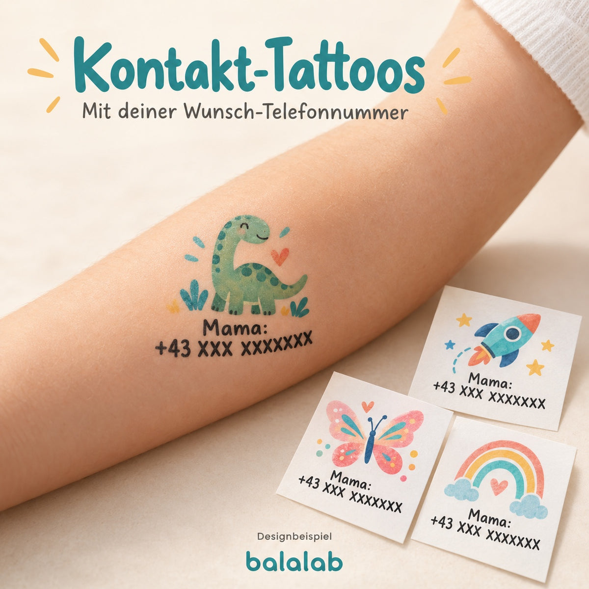 Kontakt-Tattoos mit Wunsch-Telefonnummer – 10er-Set