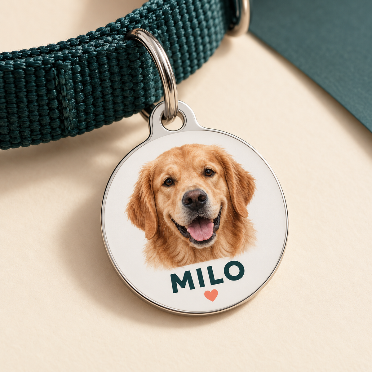 Designvorschau: Hundemarke mit eigenem Tierfoto und Wunschname MILO