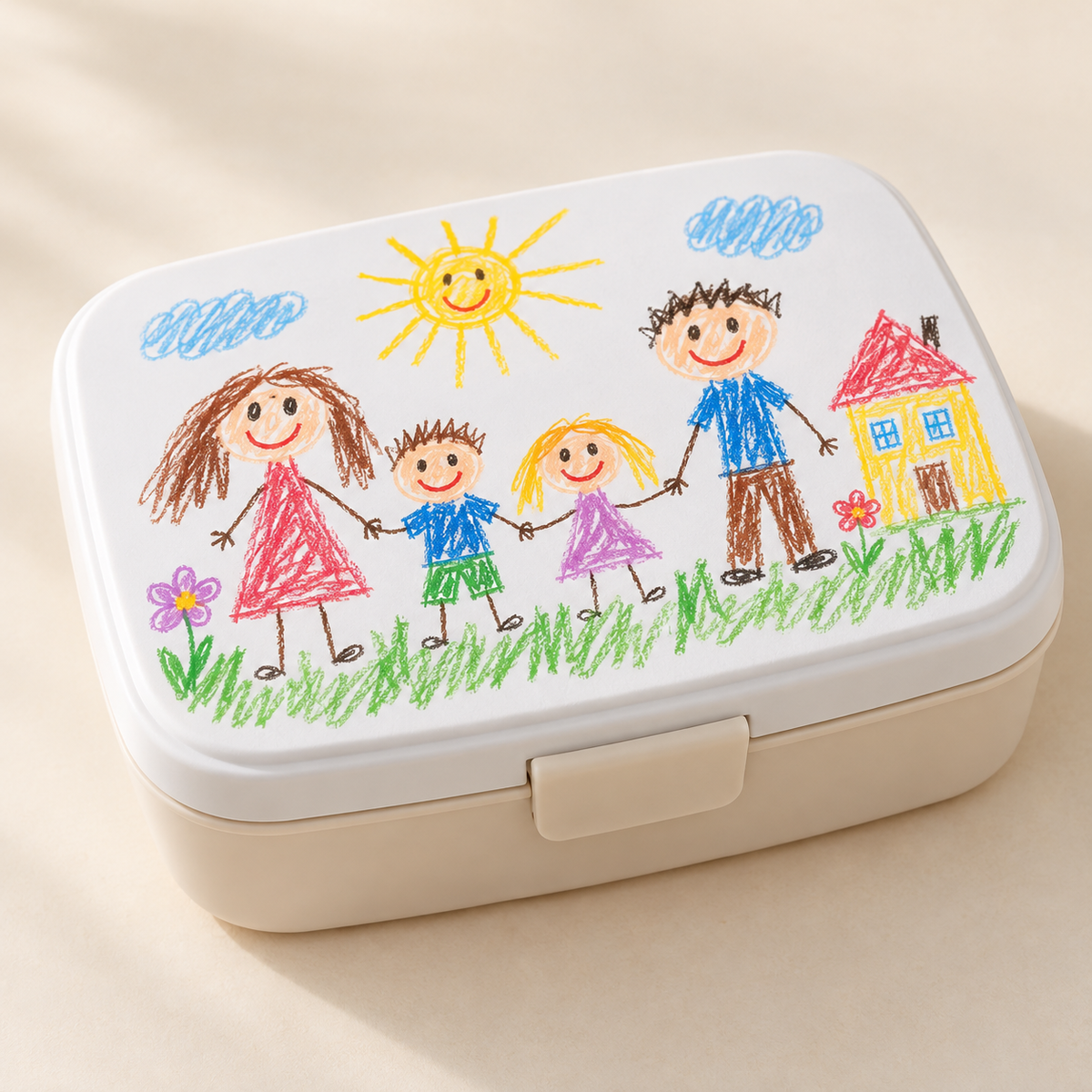 Designbeispiel: personalisierte Jausenbox mit einer bunten Kinderzeichnung einer Familie