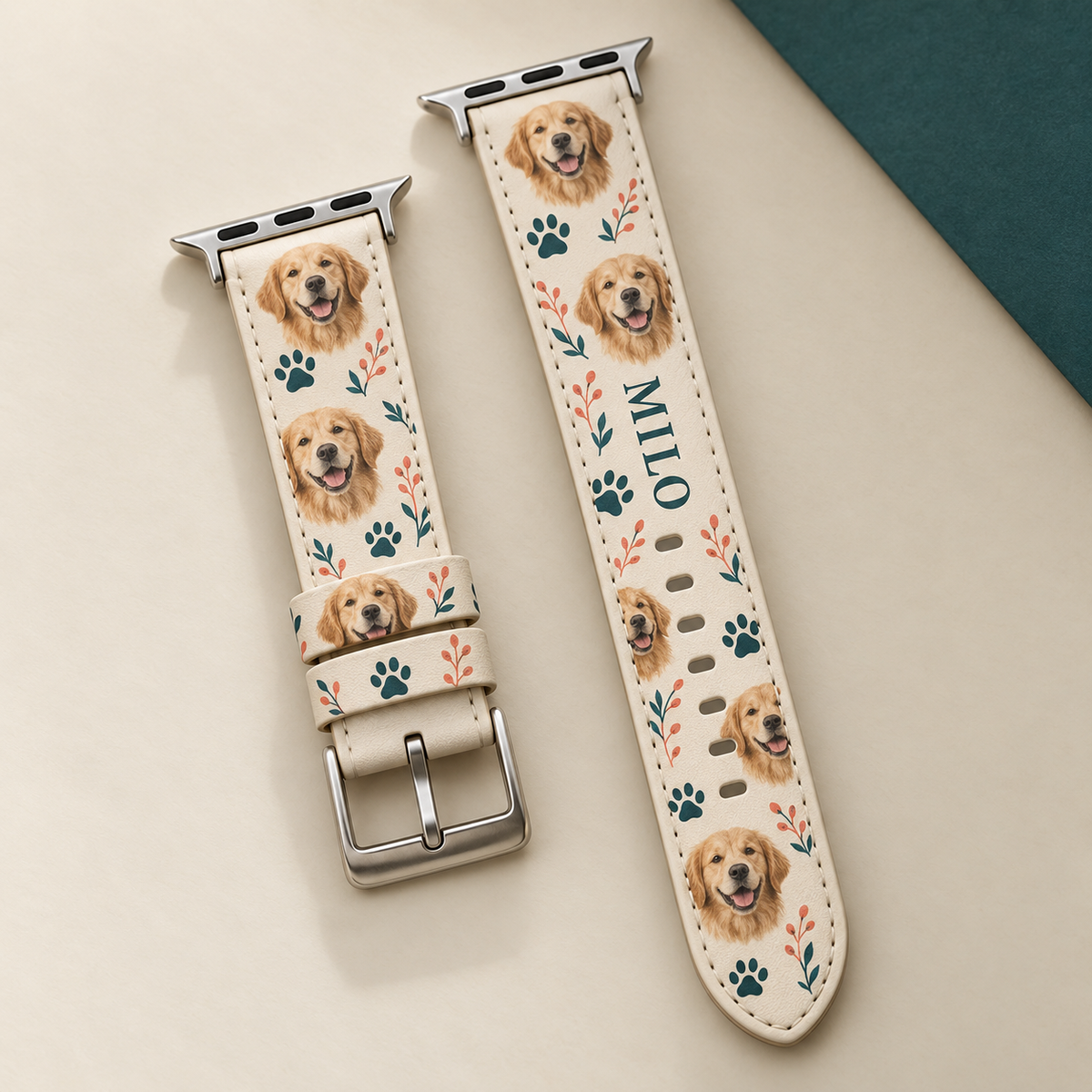 Designvorschau: personalisiertes Uhrenarmband mit Haustierporträt und Wunschname MILO